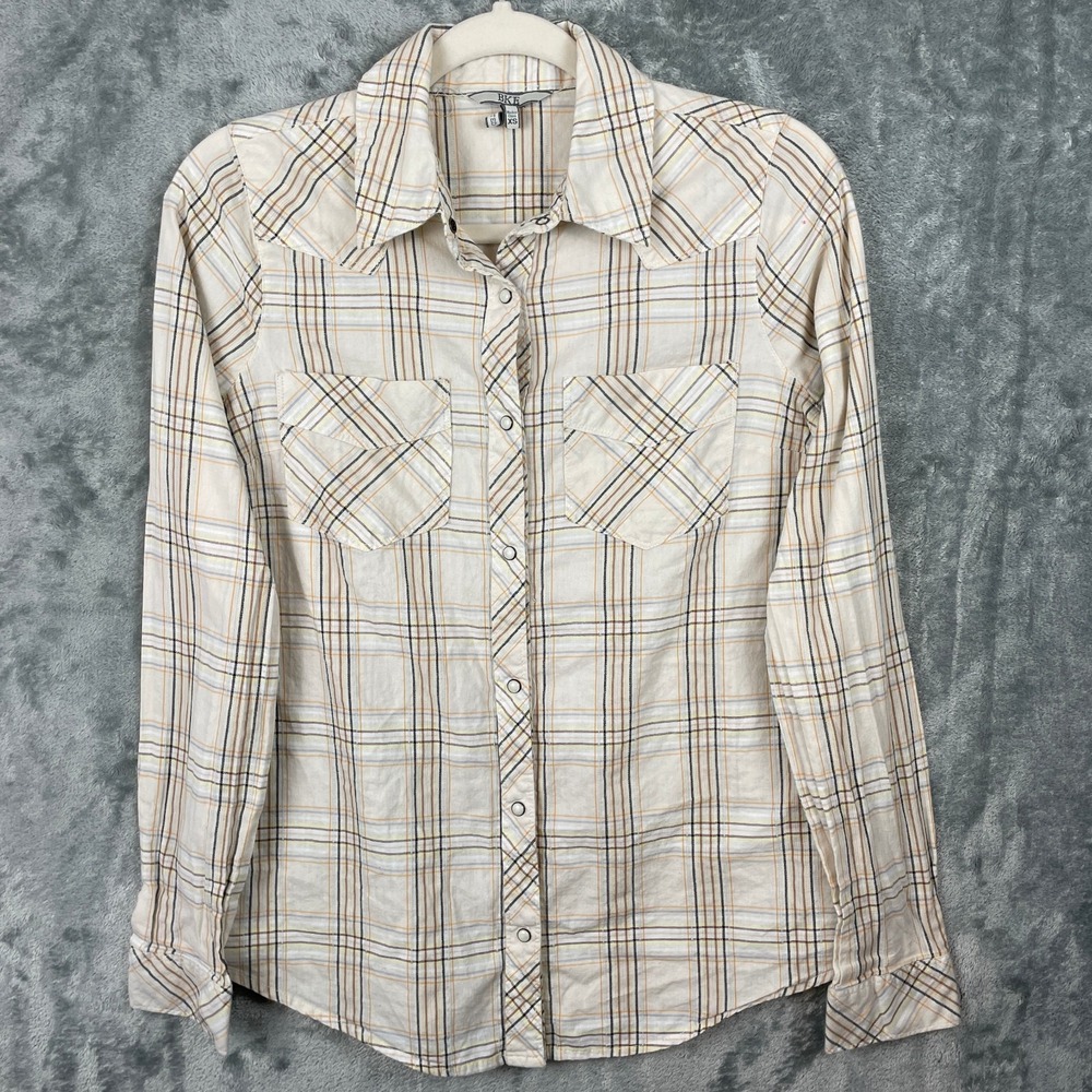 BKE Buckle Pearl Snap Shirt Women XS Plaid Fitted Cotton Western‎ Rodeo Cowgirl